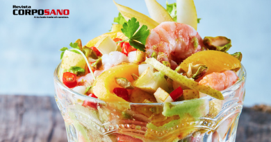 Ceviche de camarón, durazno, pera y pistache (receta)